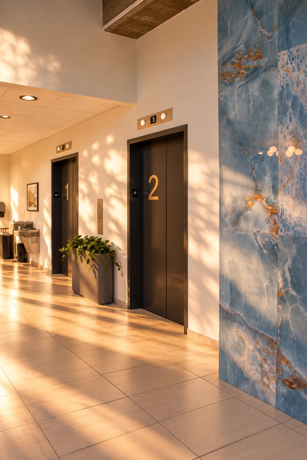 Elevator corridor with stone accent wall
