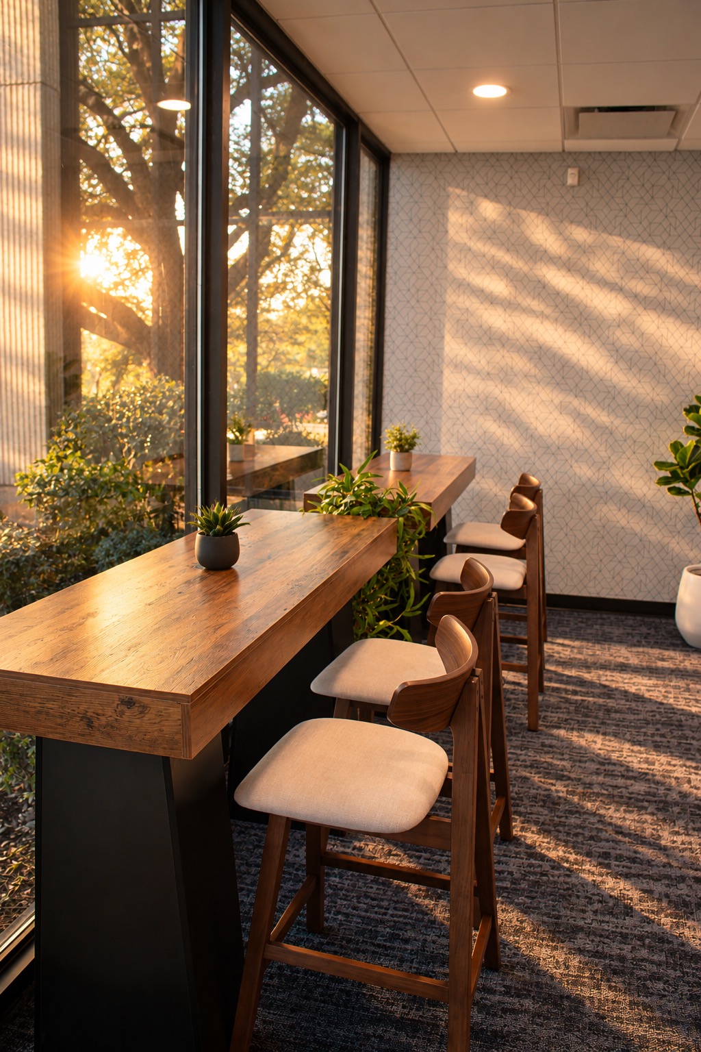 Bar-height counter seating along the windows