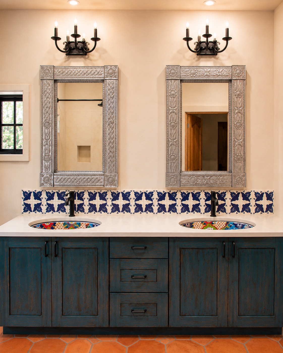 Bathroom double vanity with painted cabinets and patterned tile backsplash