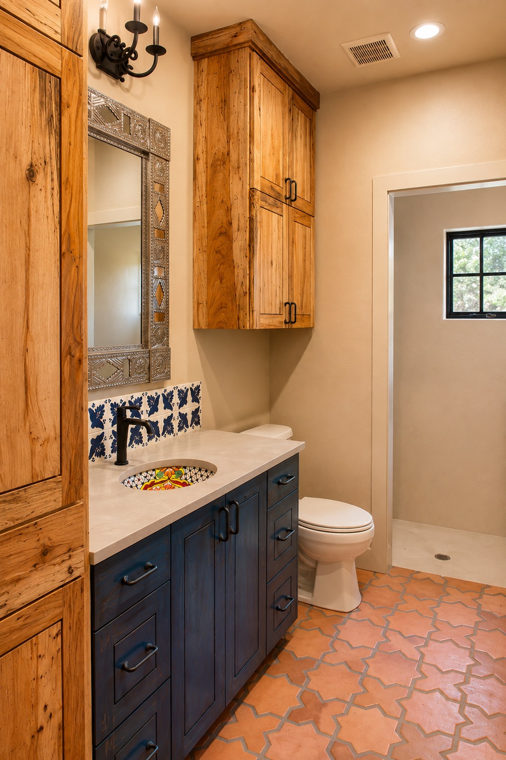 Bathroom vanity with wood cabinets and walk-in shower beyond