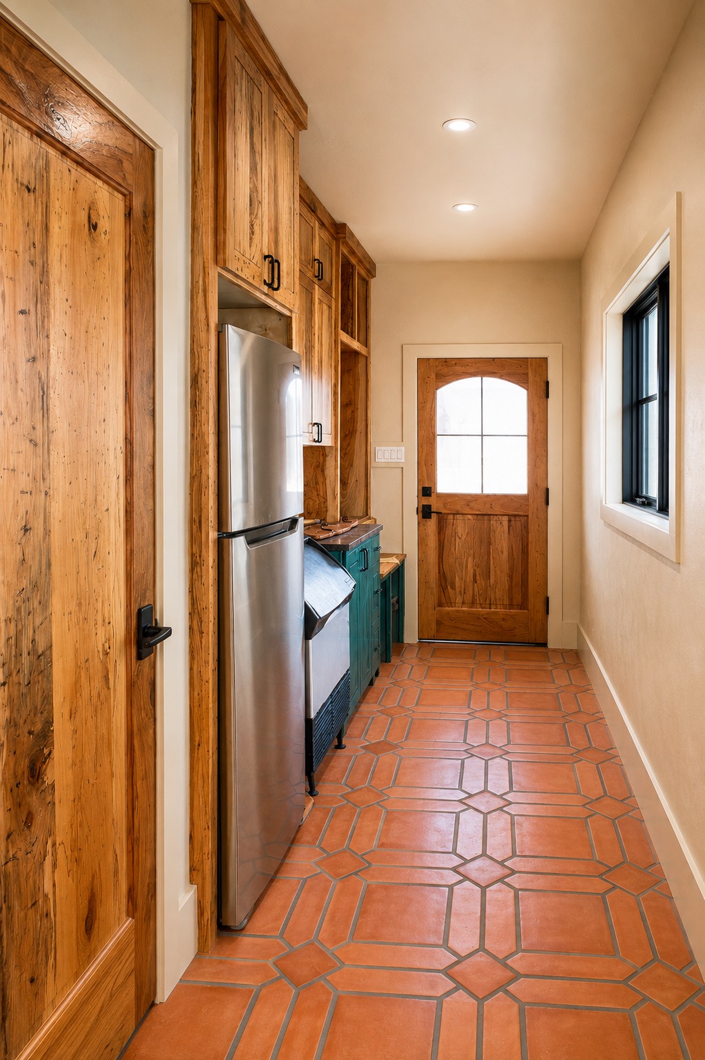 Hallway with patterned tile floor, refrigerator and pantry cabinets