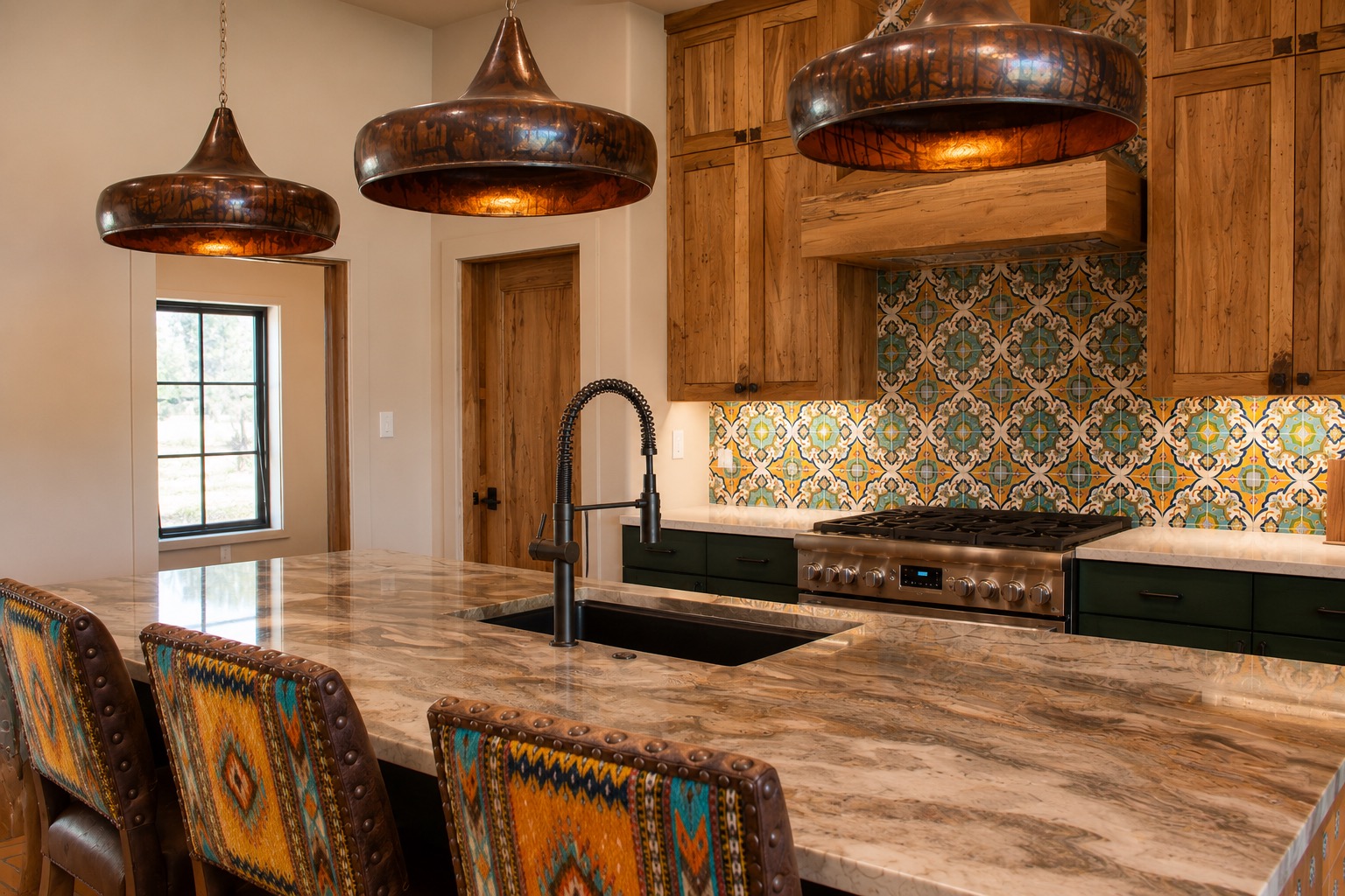 View across the kitchen island to the range and tile backsplash
