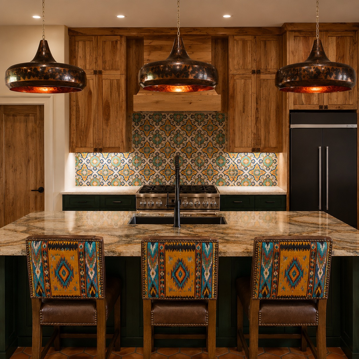 Kitchen island with western-style bar stools and pendant lights
