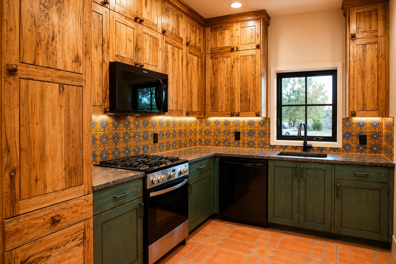Kitchen with wood pantry cabinets, range and sink