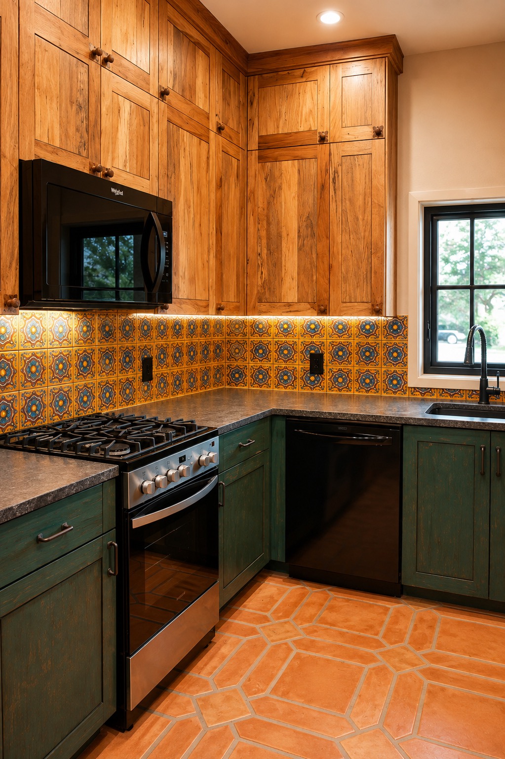 Kitchen range with patterned tile backsplash and wood cabinets