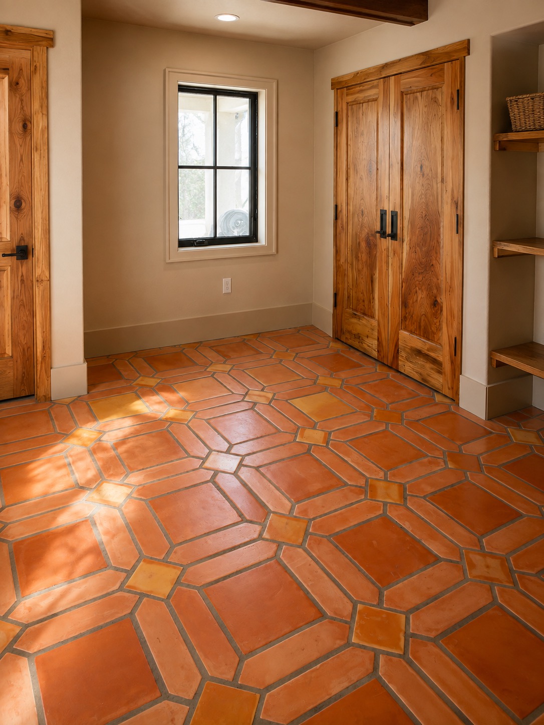 Living room with tile floor and wood doors