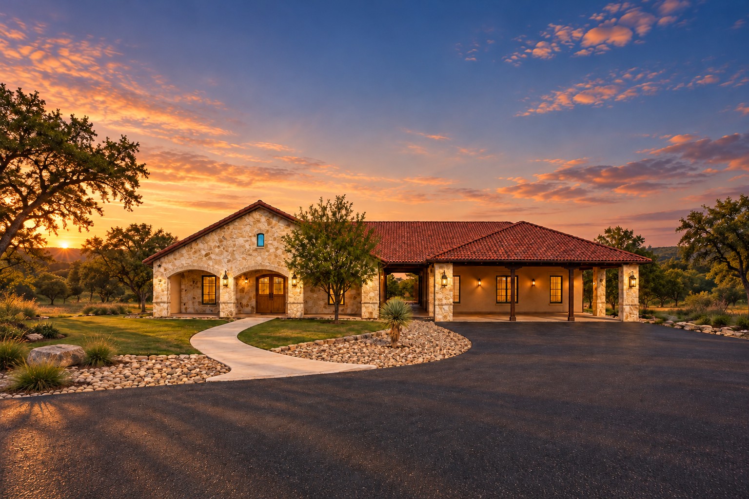 Front exterior of the Spanish-style ranch triplex built by Kreifels Construction
