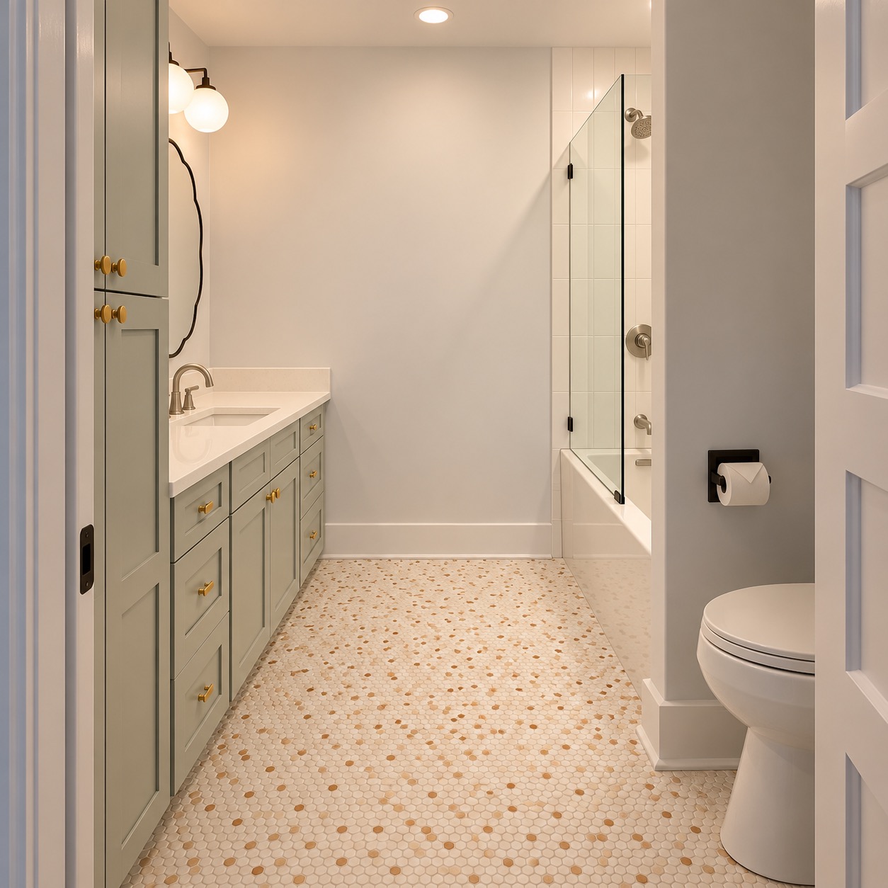 Renovated bathroom with sage vanity and patterned tile floor