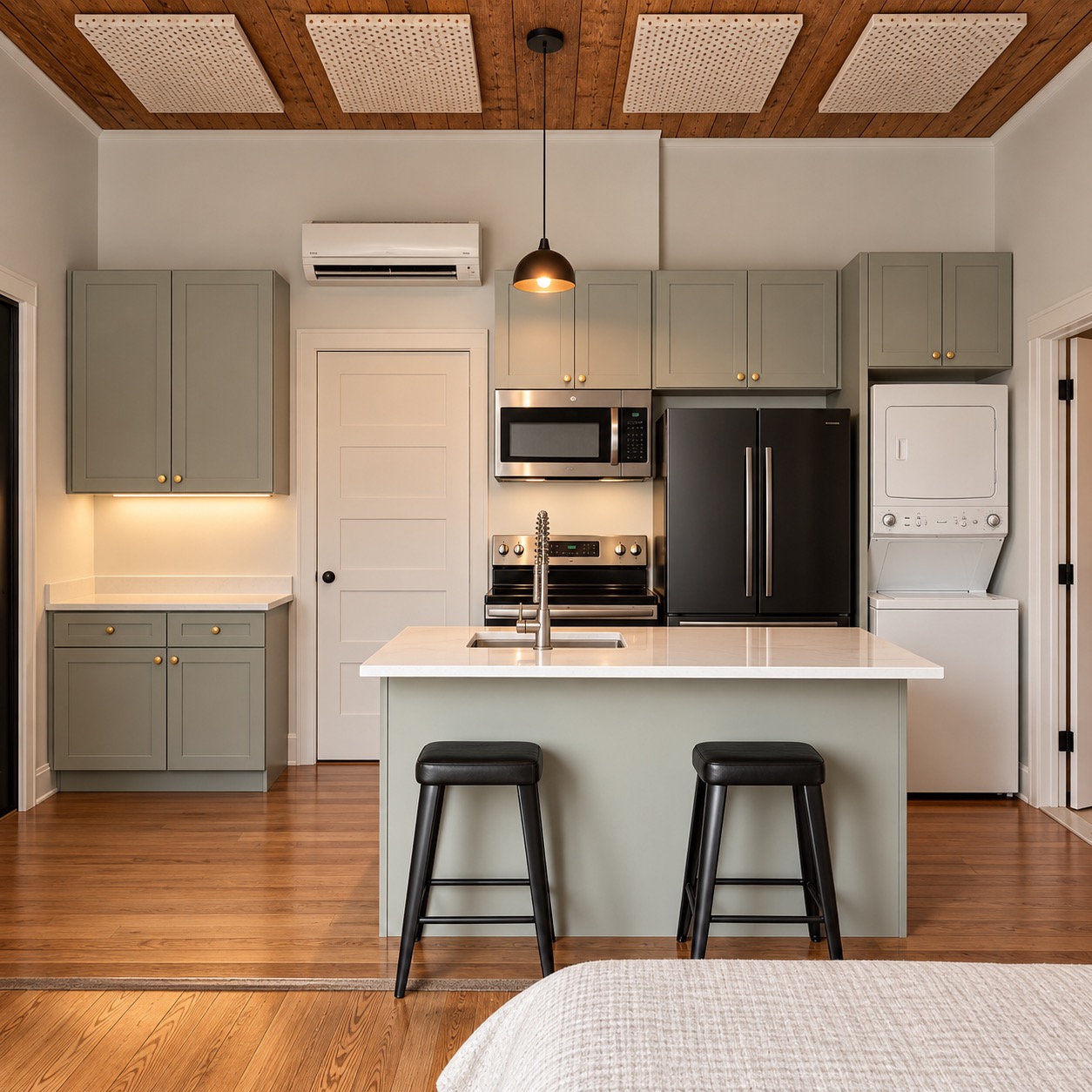 Renovated kitchen with sage cabinetry, island and stacked laundry