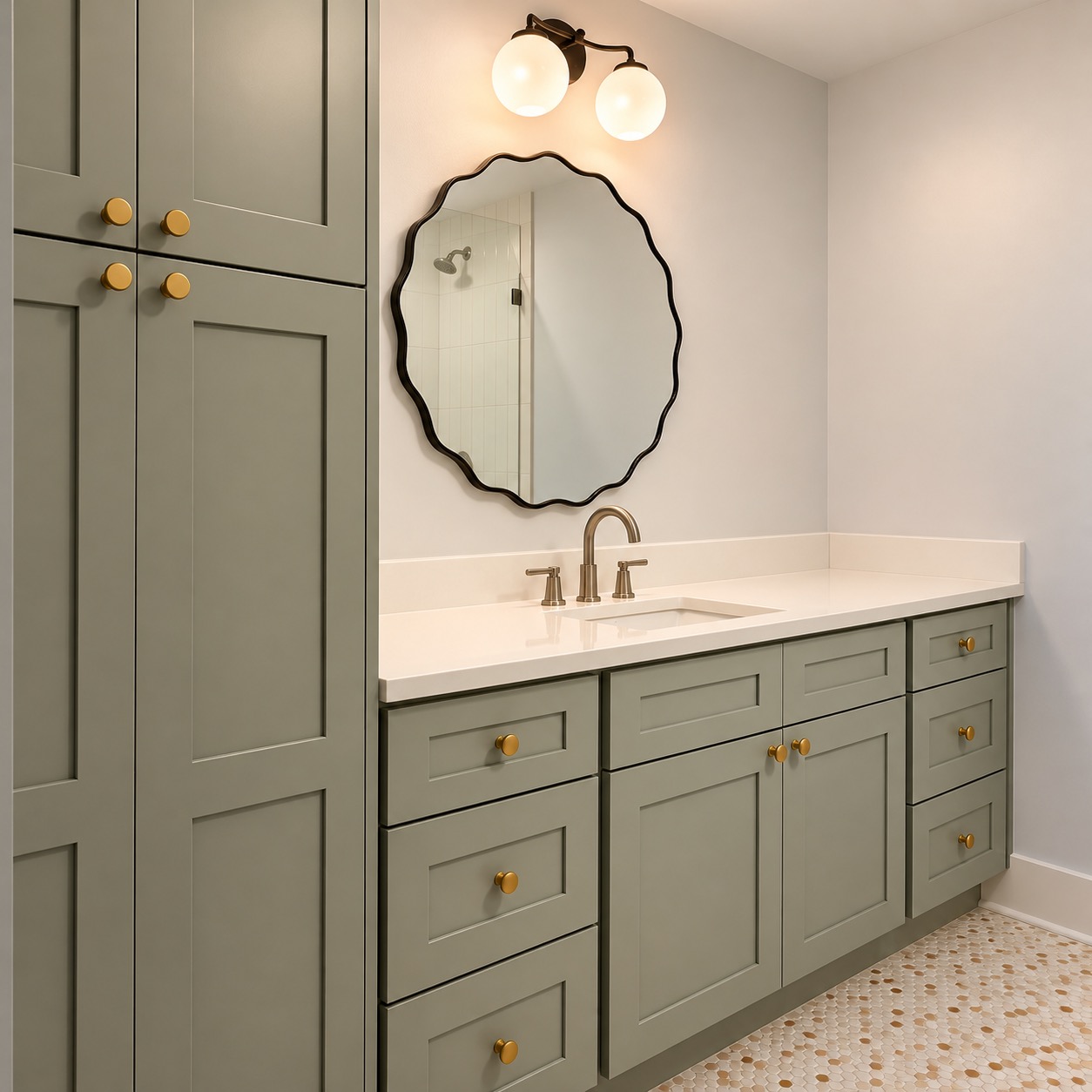 Bathroom vanity with tall linen cabinet