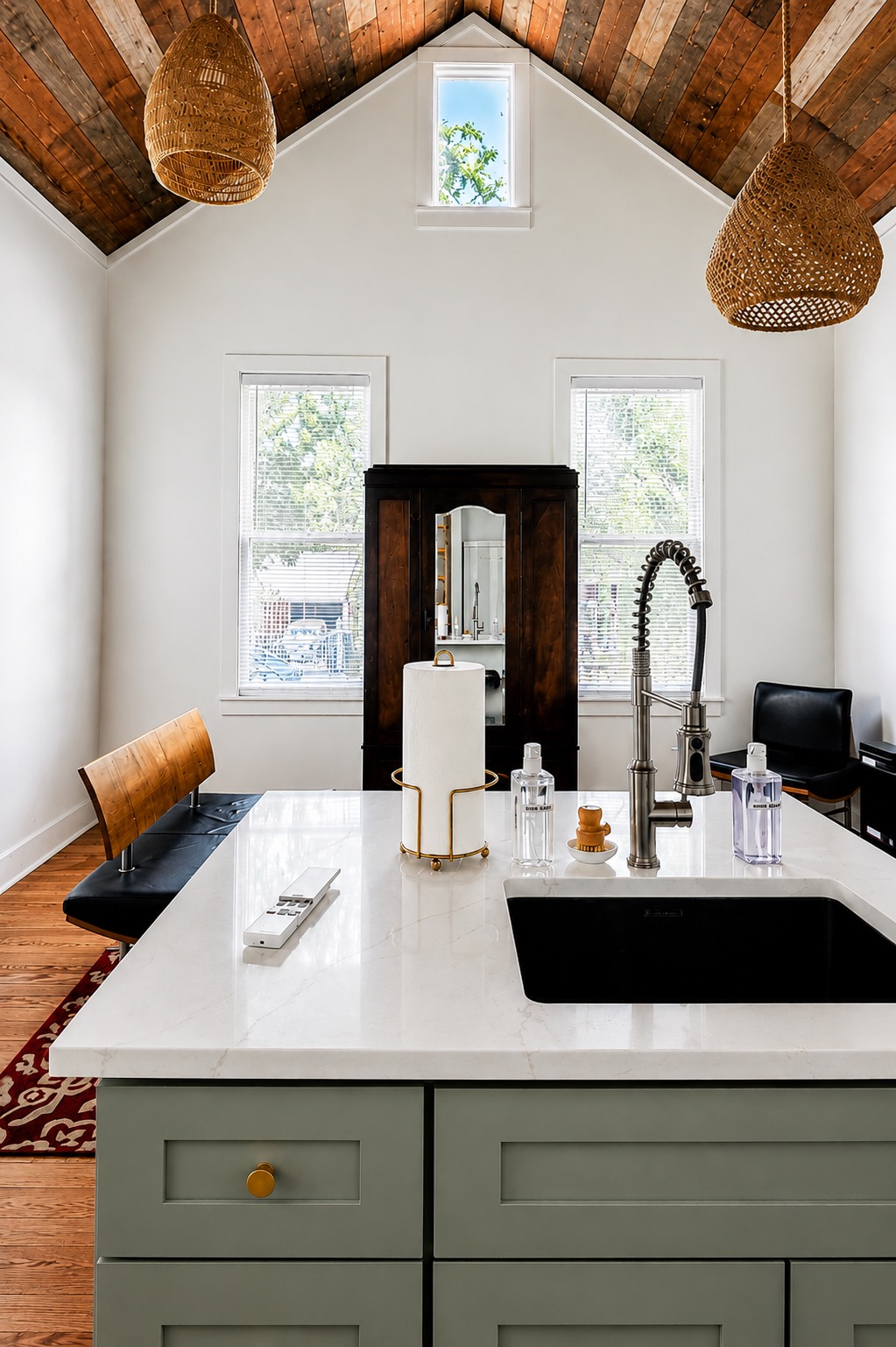 Kitchen island looking toward a gable window