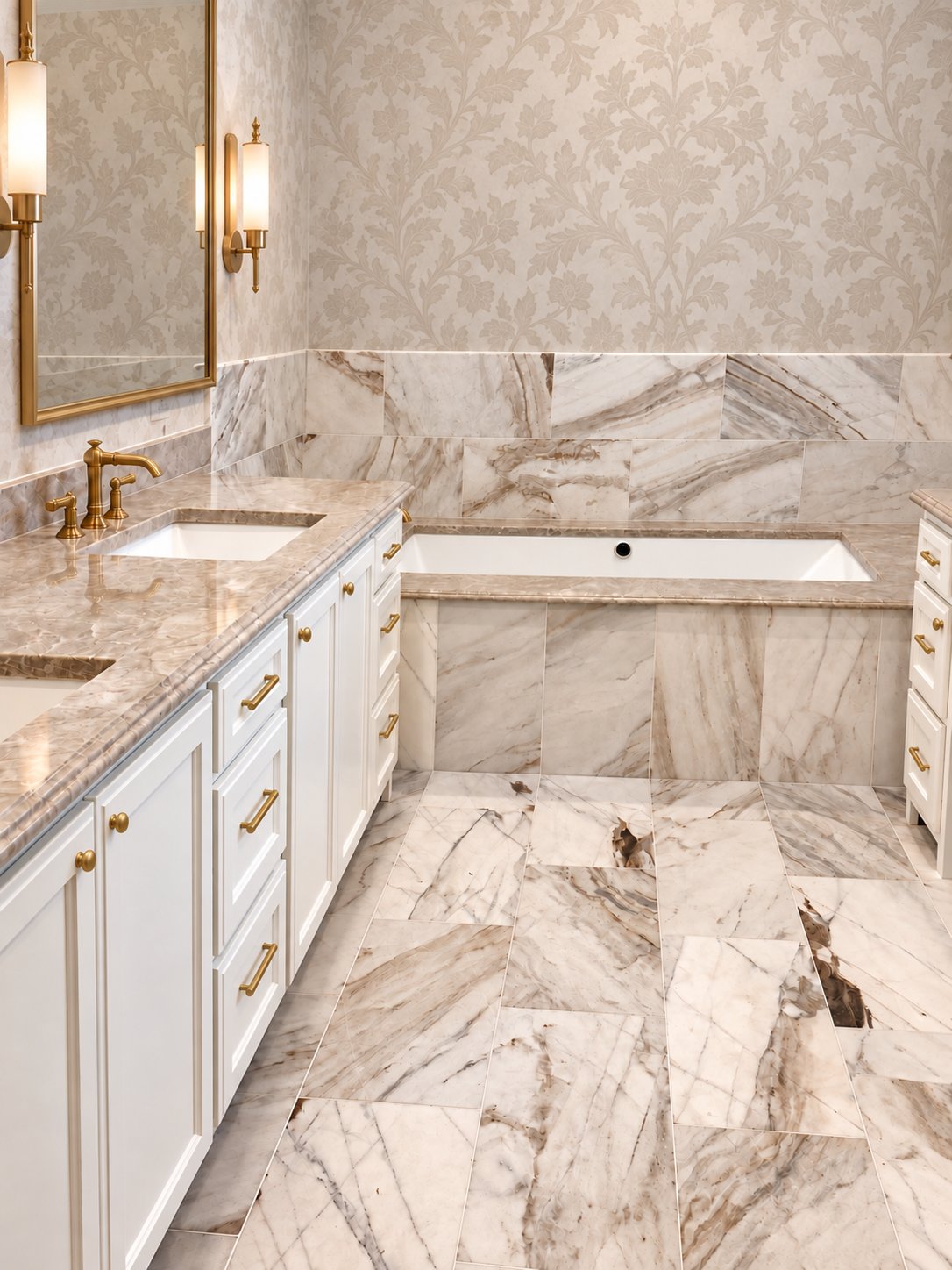 Master bath with marble floors and tub surround; wallpaper shown as a design visualization