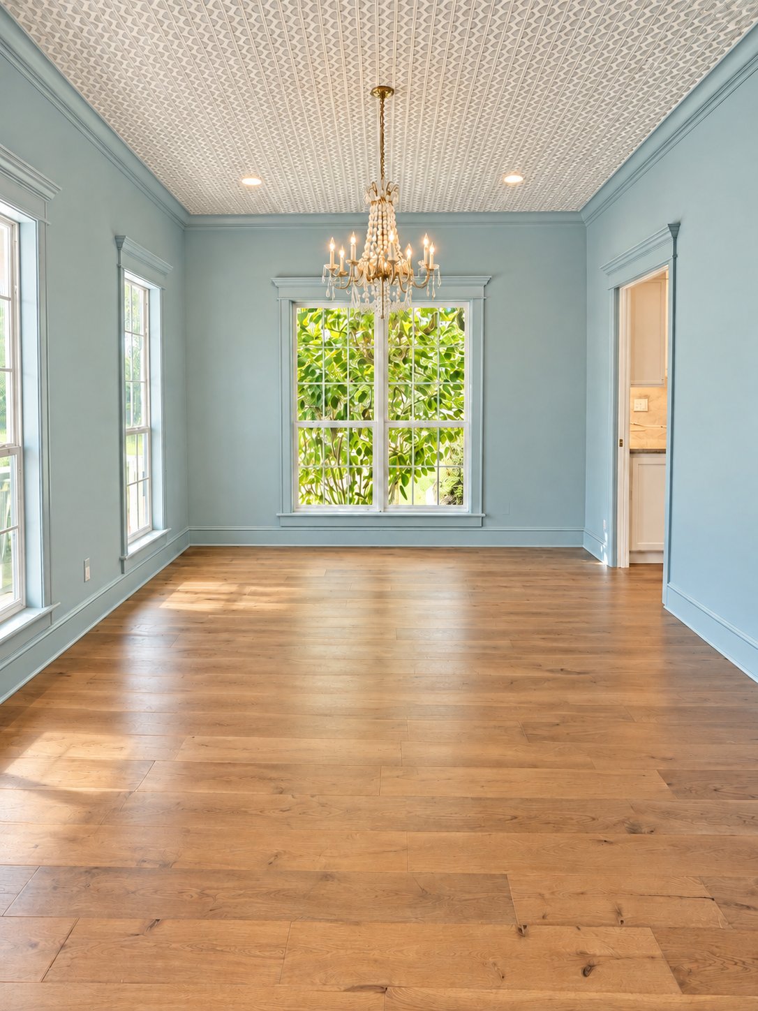 Dining room with pale blue walls, chandelier and patterned ceiling