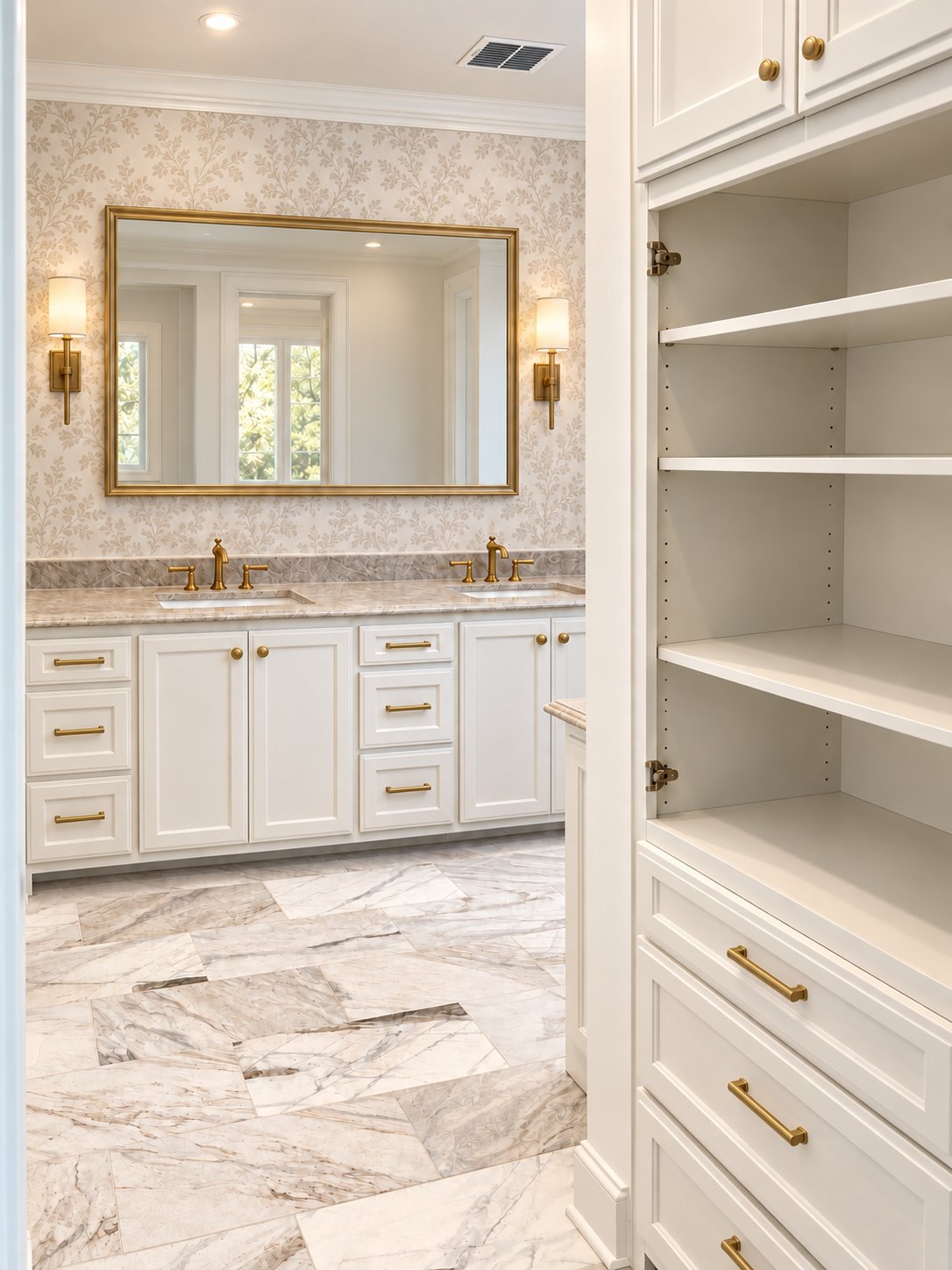 Master bath double vanity with marble floor; wallpaper, mirror and sconces shown as a design visualization