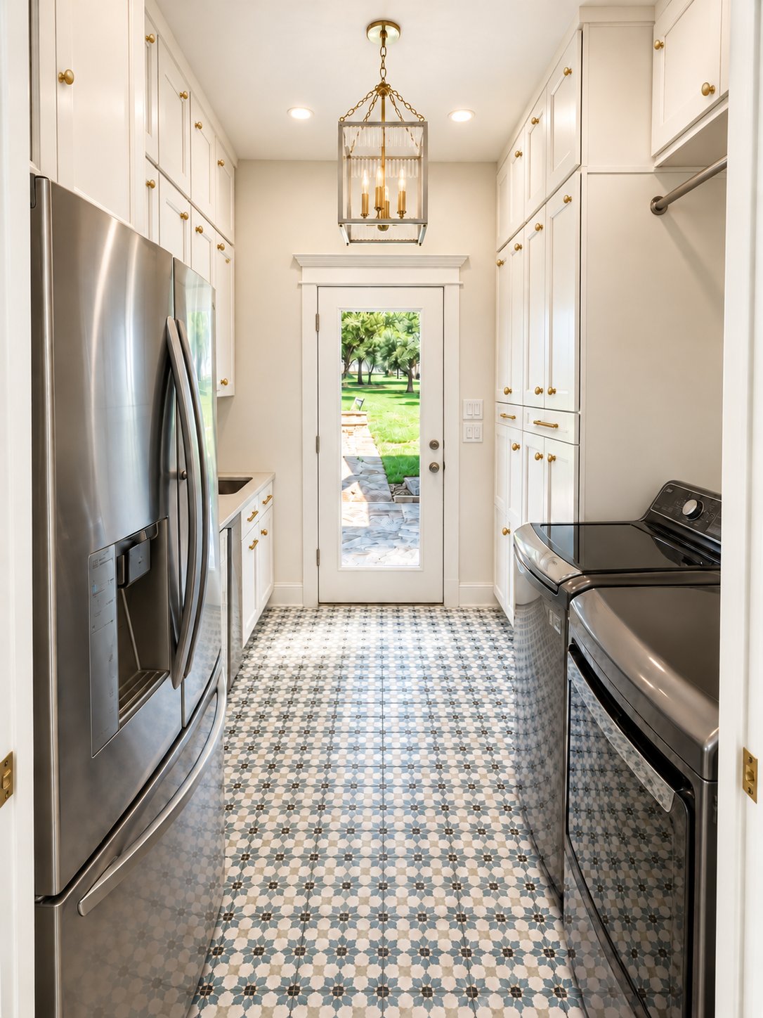 Laundry and mudroom with patterned tile floor and white built-ins