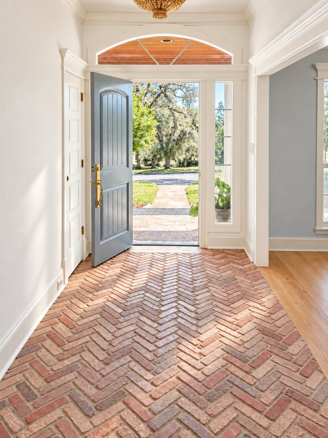 Entry of the Traditional home renovation by Kreifels Construction, with herringbone brick floors