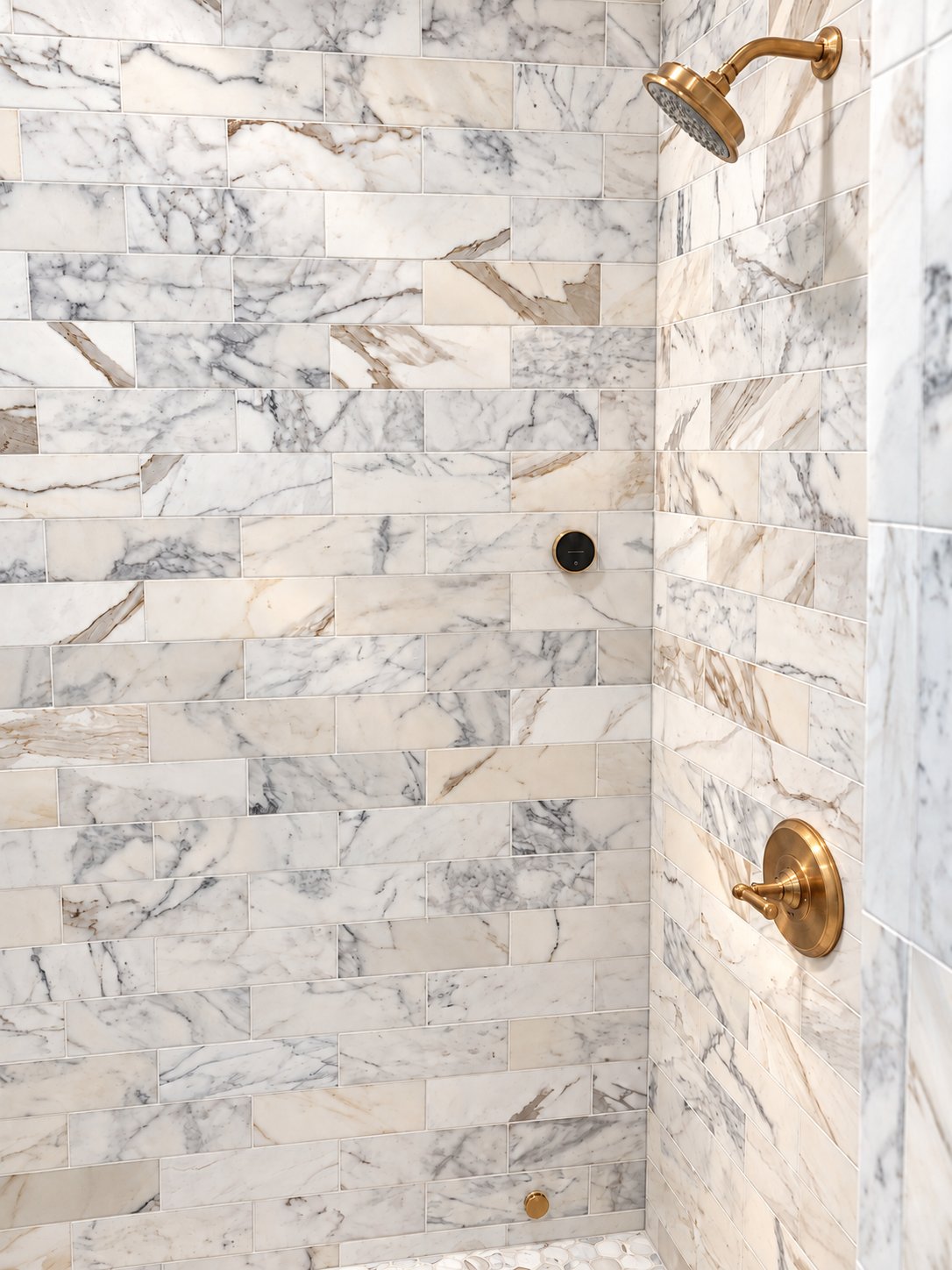 Marble tile shower wall with brass showerhead and controls