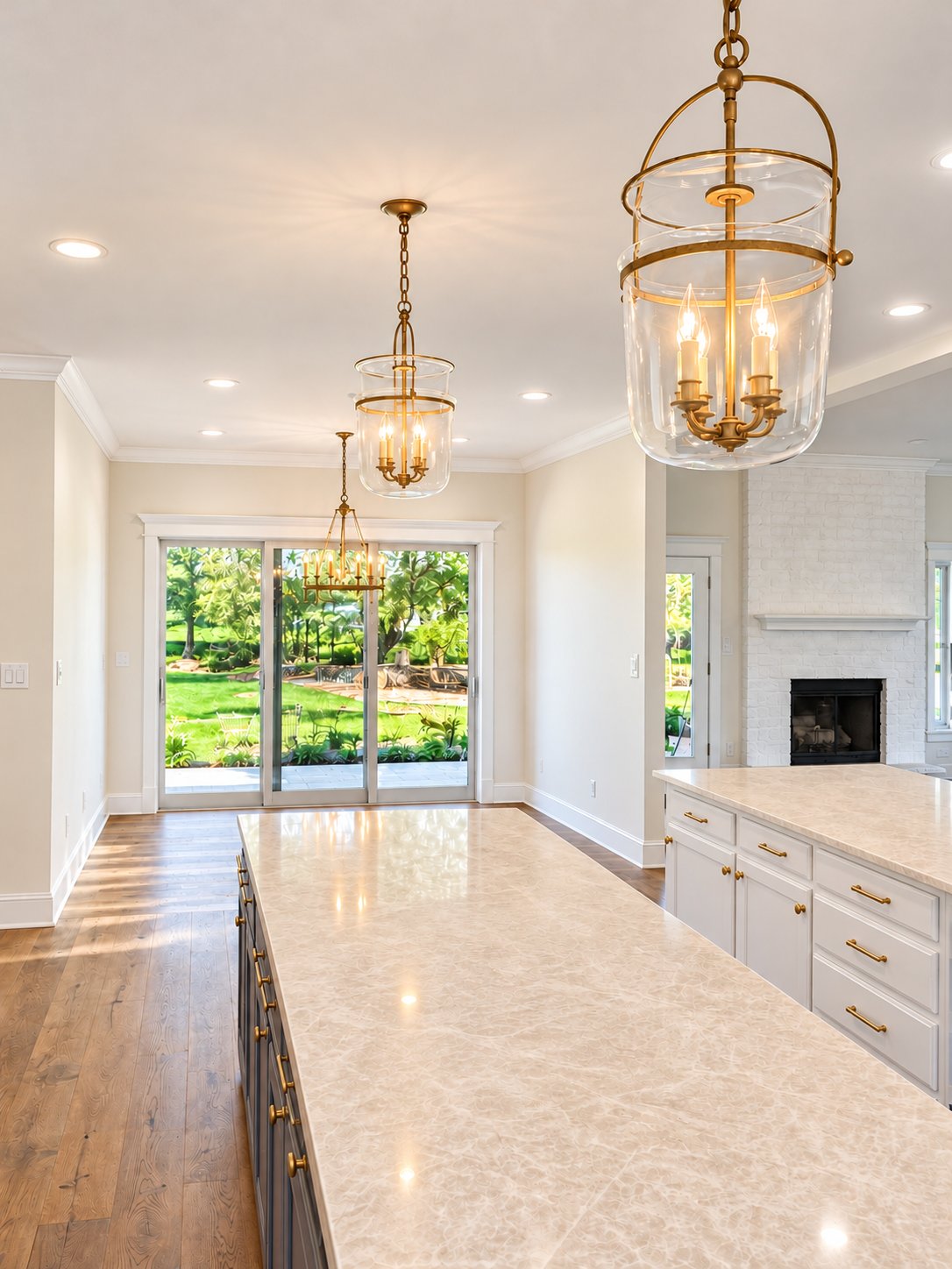 Kitchen and dining space of the Traditional home renovation by Kreifels Construction, open to the backyard